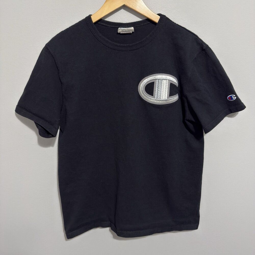 Champion Shirt Black Big Logo Casual Cotton Men's M Embroidered Reverse Weave